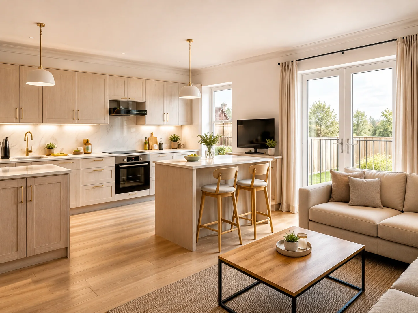 Bright modern rental property kitchen and living area