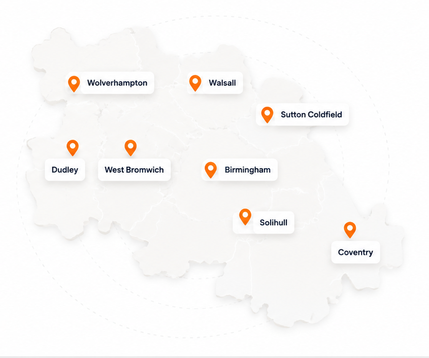 Stylised West Midlands coverage map showing Birmingham, Wolverhampton, Walsall, Sutton Coldfield, Dudley, West Bromwich, Solihull and Coventry