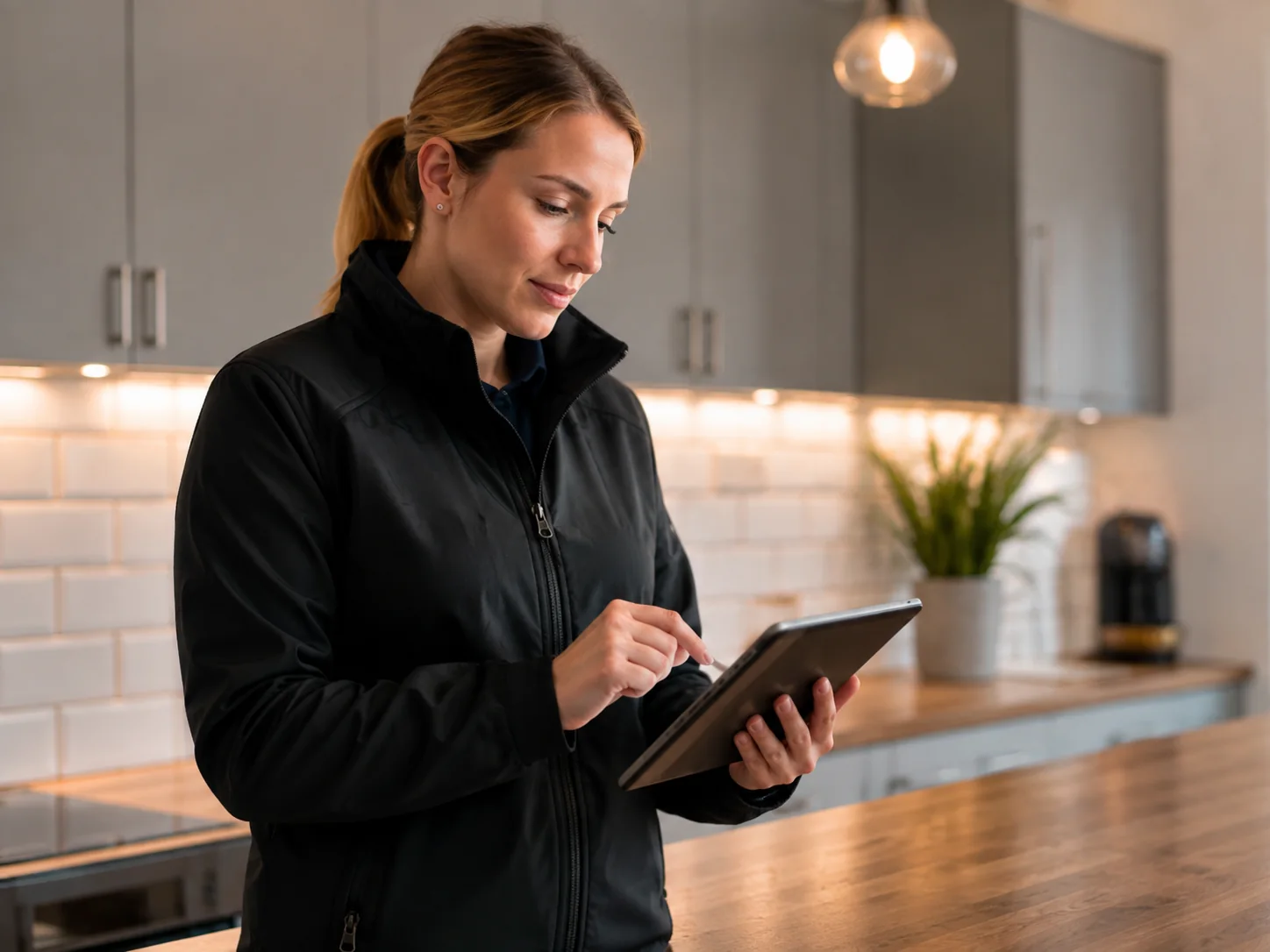 Professional property inventory clerk using a tablet during a property inspection