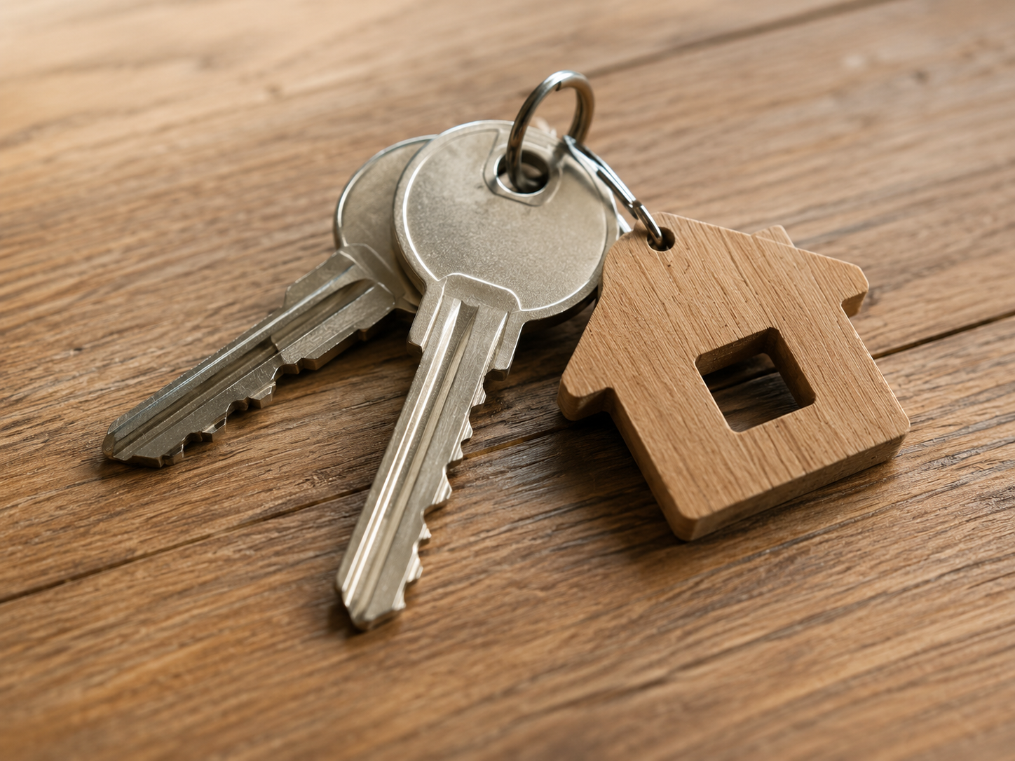 Property keys with a wooden house keyring