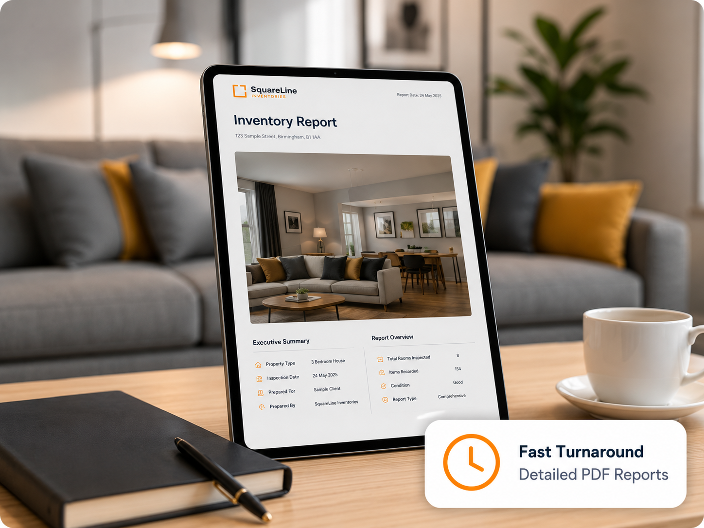 SquareLine Inventory Report displayed on a tablet in a modern rental property