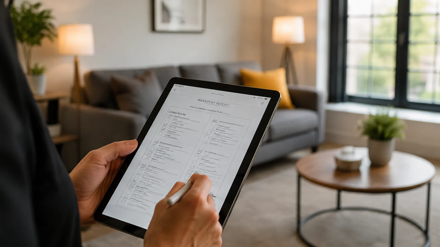 Property inventory report being completed on a tablet in a Birmingham rental property